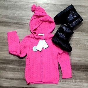 NWT JoJo Maman Be'be' cableknit pink button up hoodie made with lambswool